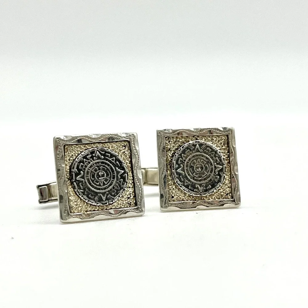 Vintage Sterling Silver‎ Aztec Mayan Calendar Cufflinks Square Textured Design